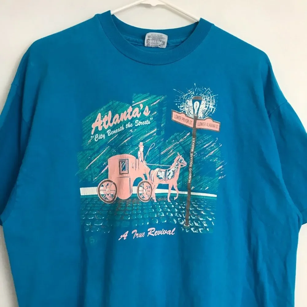 Vintage 90s Hanes Beefy XL Blue/Teal Tshirt Atlanta's City Beneath The Streets